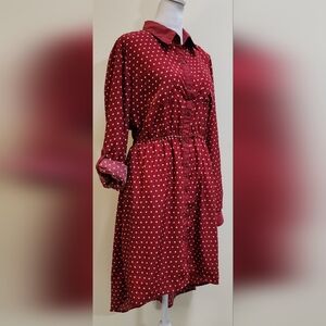 Fall Polka Dot Shirt Dress with Roll Tab Sleeves Juniors Size L